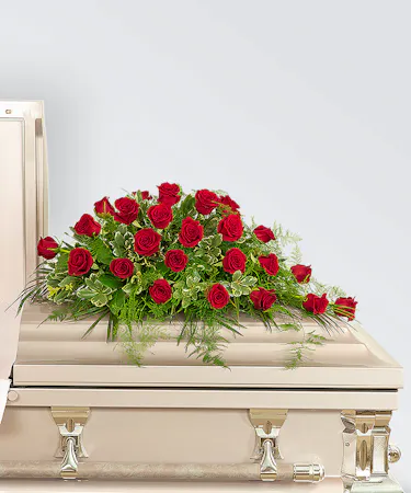 24 red roses in a casket spray