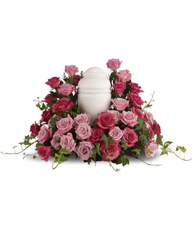 Pink Rose Urn Tribute Piece accented with Greenery