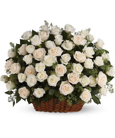 Sympathy Basket Arrangement of All White Roses
