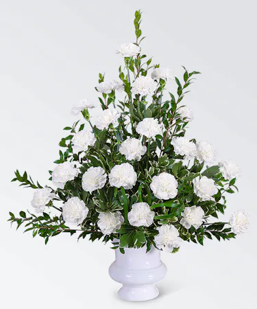 White carnations in a white urn