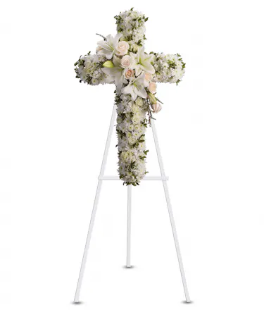 All white Floral Cross with roses, spray roses, lilies, stock, & chrysanthemums