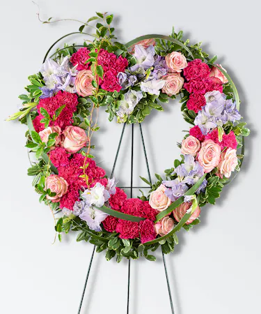 Standing heart of lavender and pink flowers