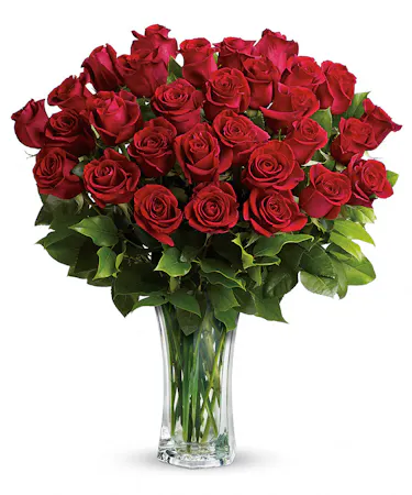 Two dozen roses and greenery in a sparkling clear glass vase