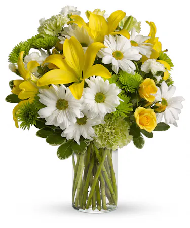 Yellow roses and lilies, green carnations, white daisy spray chrysanthemums and more 