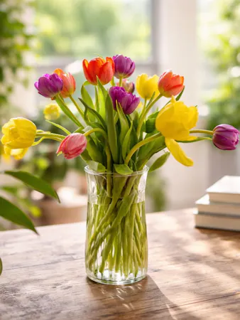 Assorted color tulips  in a clear glass vase