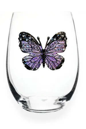 Queen's Jewels Stemless wine glass with unique rhinestone embellishments