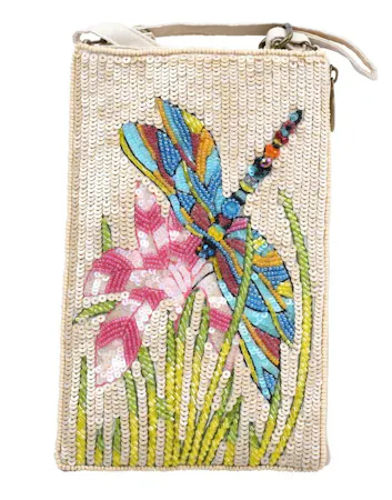 Bamboo Trading Company Club Bags featuring different designs. Hand beaded & embroidered bags for carrying your phone, credit card and cash
