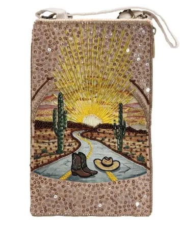 Bamboo Trading Company Club Bags featuring different designs. Hand beaded & embroidered bags for carrying your phone, credit card and cash