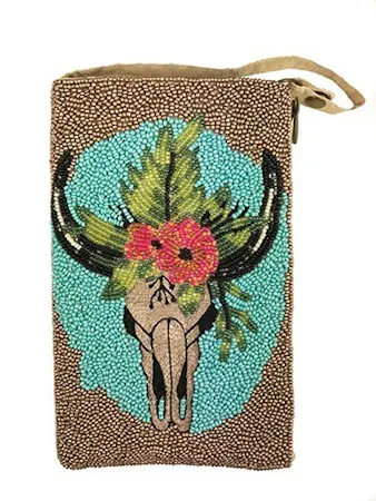 Bamboo Trading Company Club Bags featuring different designs. Hand beaded & embroidered bags for carrying your phone, credit card and cash
