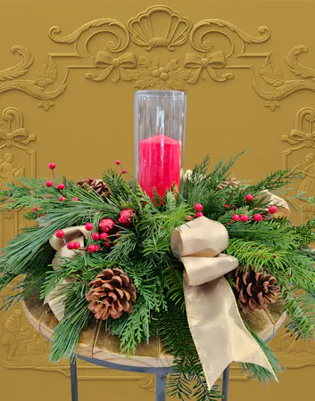 Beautiful red, gold & green centerpiece with a hurricane and pillar candle