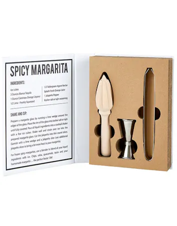 Margarita cocktail kit with jigger, ice tongs, juicer