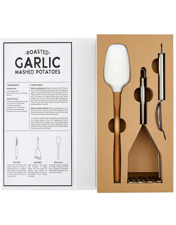 Mashed Potato Book Set includes a beechwood handled spatula, stainless steel spatula & peeler
