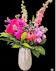 White iridescent vase with pink protea, pink roses, stock, larkspur and lush greenery