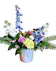 blue delphinium, lavender roses, green carnations, white stock, pink alstroemeria, greenery in a pastel ceramic container emblazoned with F*ck It on the front