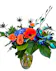 Blue hydrangea and dendrobium orchids with orange spray roses & gerbera daisies in a vase with greenery