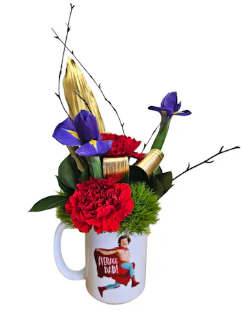 Nacho Average Dad mug with blue iris, red carnations, green tricks and gold foliage