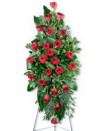  This standing spray features beautiful red roses and a variety of premium foliage, artfully designed to be displayed on an easel. 