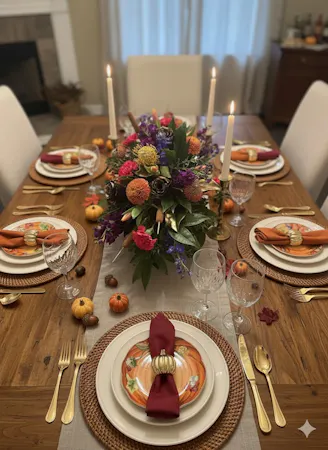 Purple stock, hot pink carnations, pincushion protea, chrysanthemums, roses, fall foliage Thanksgiving centerpiece