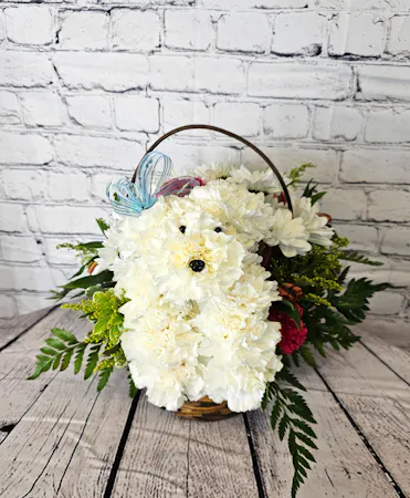  Our Petal Poodle is designed with white carnations in a basket with accent flowers added for color.  